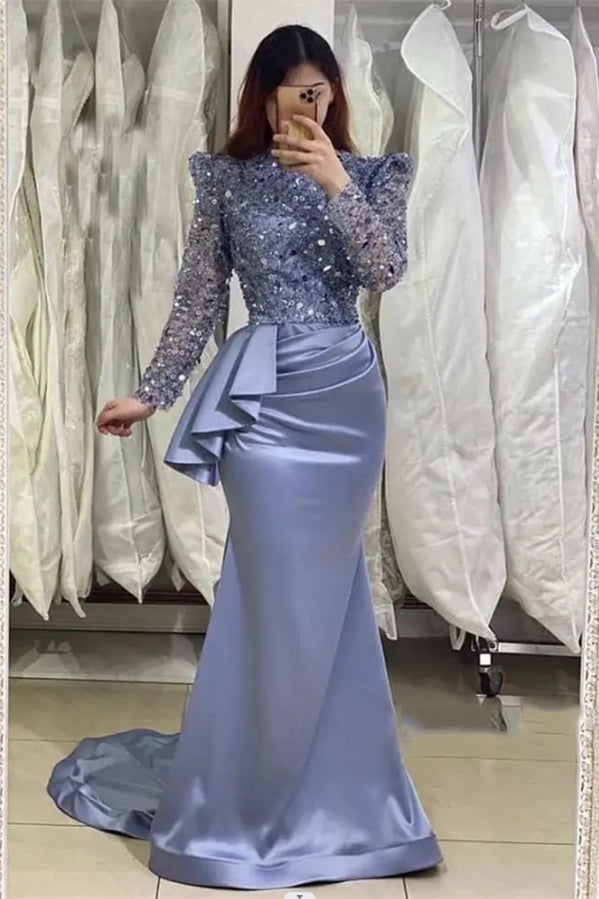 Glamorous Lavender Long Mermaid High Neck Beading Prom Dress With Long Sleeves-misshow.com