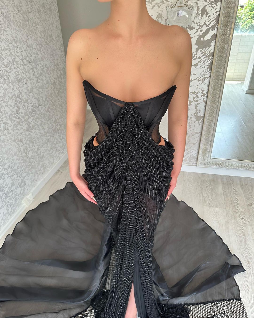 Glamorous Long Black Strapless Split Front Prom Dress-misshow.com