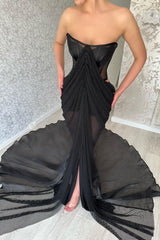 Glamorous Long Black Strapless Split Front Prom Dress-misshow.com