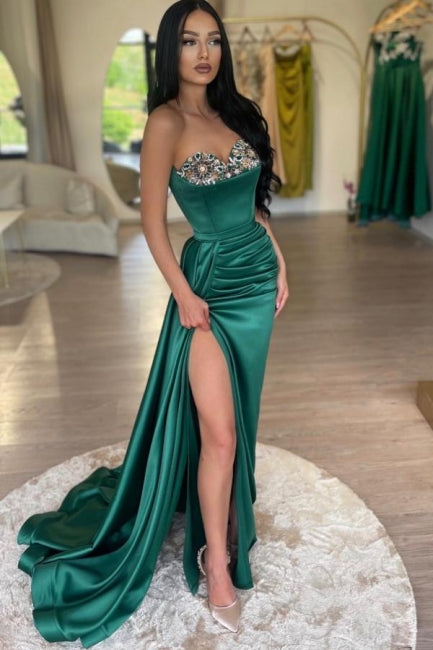 Glamorous Long Dark Green Mermaid Strapless Satin Beading Prom Dress with Slit