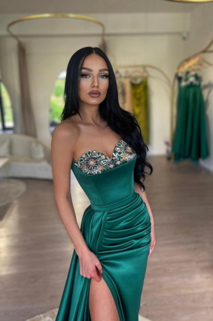 Glamorous Long Dark Green Mermaid Strapless Satin Beading Prom Dress with Slit