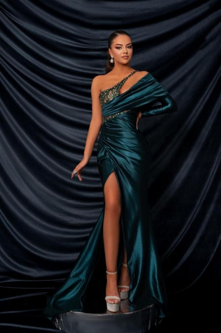 Glamorous Long Dark Green One Shoulder Beading Lace Long Sleeve Prom Dress with Slit