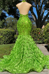 Glamorous Long Green Sequined Halter Flower Mermaid Satin Prom Dress-misshow.com