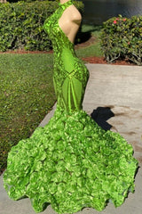 Glamorous Long Green Sequined Halter Flower Mermaid Satin Prom Dress-misshow.com