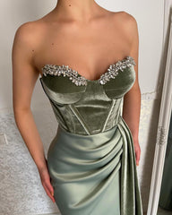 Glamorous Long Green Strapless Velvet Prom Dress With Slit-misshow.com