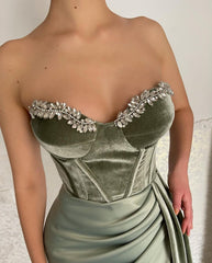 Glamorous Long Green Strapless Velvet Prom Dress With Slit-misshow.com