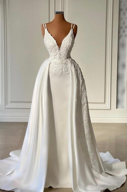 Glamorous Long Ivory A-line V-neck Sleeveless Lace Wedding Dress