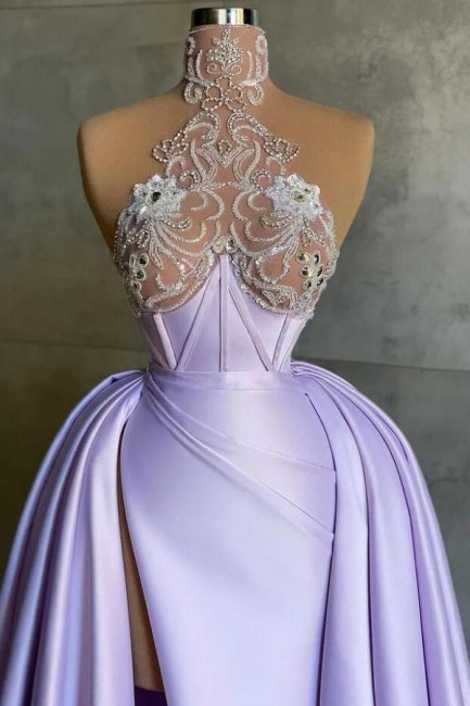 Glamorous Long Lilac A-line High Neck Lace Satin Prom Dress with Slit