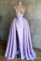 Glamorous Long Lilac A-line High Neck Lace Satin Prom Dress with Slit