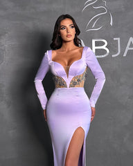 Glamorous Long Lilac Mermaid Beading Long Sleeves Prom Dress With Slit-misshow.com