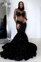 Glamorous Long Mermaid High Neck Flowers Sequined Prom Dress With Long Sleeves-misshow.com