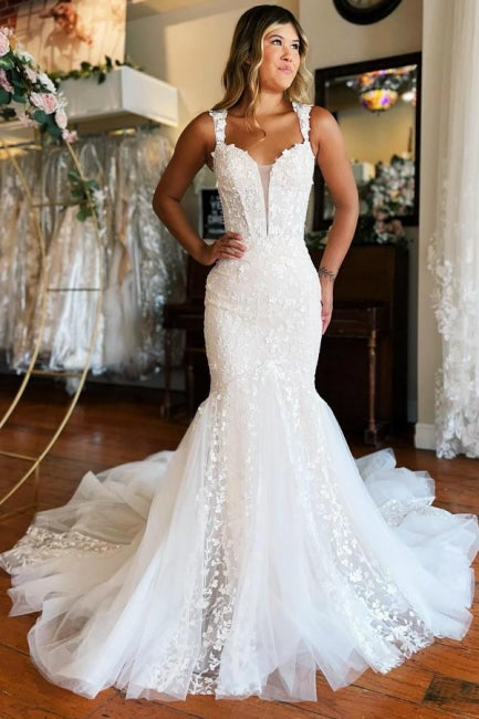 Glamorous Long Mermaid Off-the-shoulder Lace Sleeveless Wedding Dress with Train