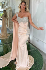 Glamorous Long Mermaid One Shoulder Beading Sleeveless Prom Dress