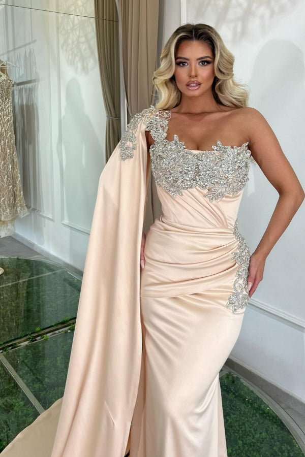 Glamorous Long Mermaid One Shoulder Beading Sleeveless Prom Dress