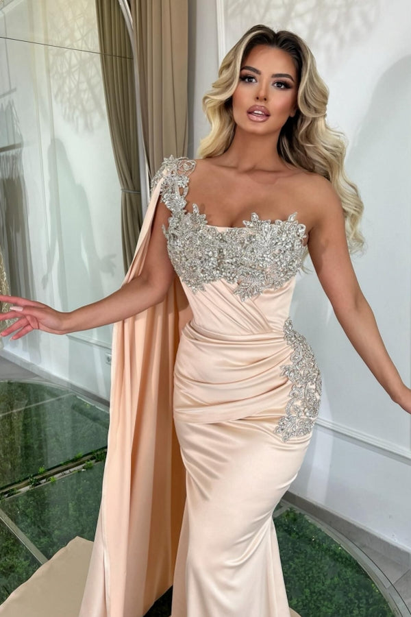 Glamorous Long Mermaid One Shoulder Beading Sleeveless Prom Dress