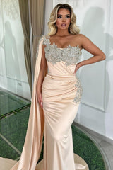 Glamorous Long Mermaid One Shoulder Beading Sleeveless Prom Dress