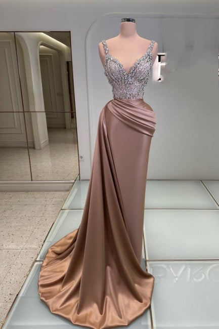 Glamorous Long Mermaid V-neck Sleeveless Jewel Prom Dress