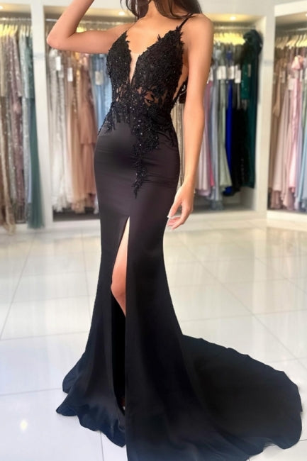 Glamorous Long Mermaid V-neck Spaghetti Straps Lace Prom Dress with Slit