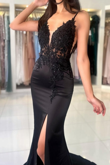 Glamorous Long Mermaid V-neck Spaghetti Straps Lace Prom Dress with Slit