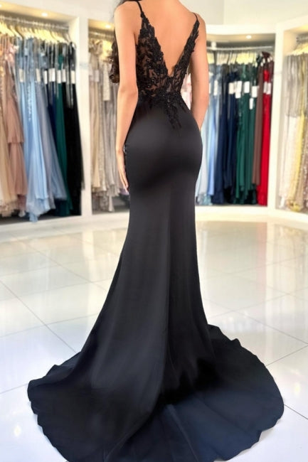 Glamorous Long Mermaid V-neck Spaghetti Straps Lace Prom Dress with Slit