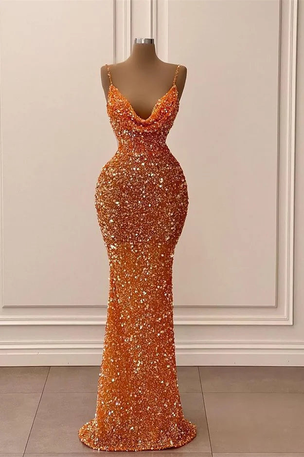 Glamorous Long Orange Spaghetti Straps Sequined Sleeveless Mermaid Prom Dress-misshow.com