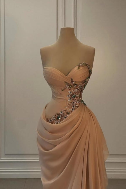 Glamorous Long Peach Strapless Sweetheart Satin Chiffon Sleeveless Prom Dress with Beads