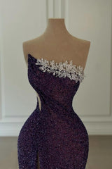 Glamorous Long Purple Strapless Sequined Beading Prom Dress with Slit