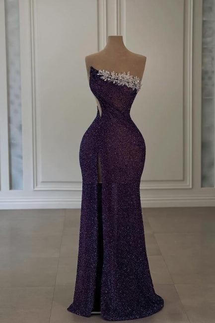 Glamorous Long Purple Strapless Sequined Beading Prom Dress with Slit