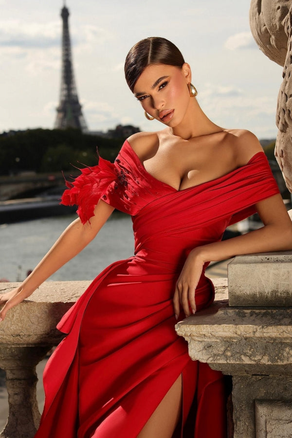 Glamorous Long Red A-line Off-the-shoulder Ruffles Prom Dress with Slit