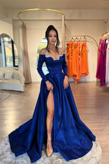 Glamorous Long Royal Blue A-line Halter Long Sleeves Rhinestones Prom Dress With Slit