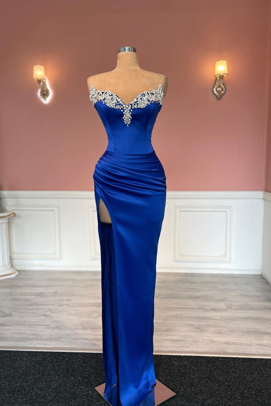 Glamorous Long Royal Blue Column Jewels Strapless Prom Dress With Slit