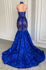 Glamorous Long Royal Blue Halter Lace Flowers Sleeveless Mermaid Prom Dress-misshow.com