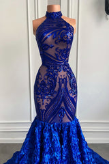 Glamorous Long Royal Blue Halter Lace Flowers Sleeveless Mermaid Prom Dress-misshow.com