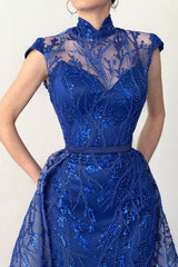 Glamorous Long Royal Blue High Neck Lace Sleeveless Prom Dress With Detachable Train-misshow.com