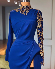 Glamorous Long Royal Blue High Neck Long Sleeves Lace Prom Dress With Slit-misshow.com