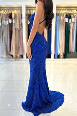 Glamorous Long Royal Blue V-neck Spaghetti Straps Glitter Sleeveless Evening Dresses-misshow.com