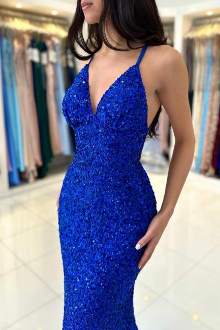 Glamorous Long Royal Blue V-neck Spaghetti Straps Glitter Sleeveless Evening Dresses-misshow.com