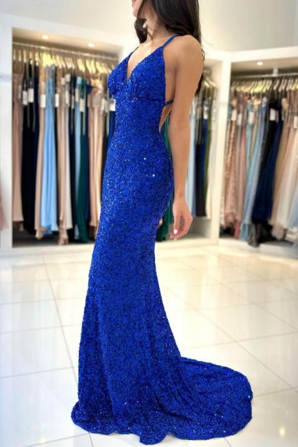 Glamorous Long Royal Blue V-neck Spaghetti Straps Glitter Sleeveless Evening Dresses-misshow.com