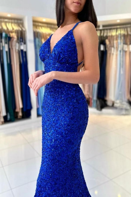 Glamorous Long Royal Blue V-neck Spaghetti Straps Glitter Sleeveless Evening Dresses-misshow.com