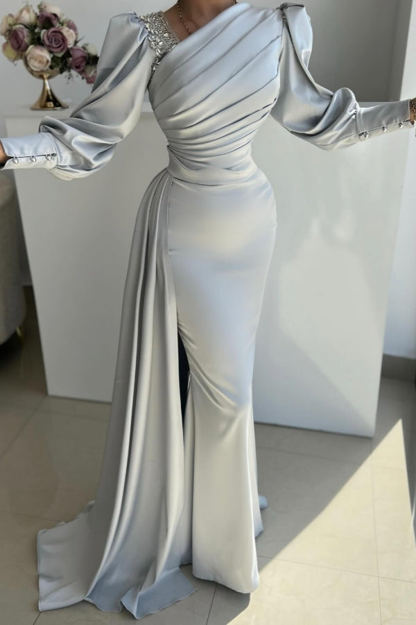 Glamorous Long Silver Mermaid Satin Pleated Long Sleeves Prom Dress with Side Slit