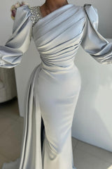 Glamorous Long Silver Mermaid Satin Pleated Long Sleeves Prom Dress with Side Slit