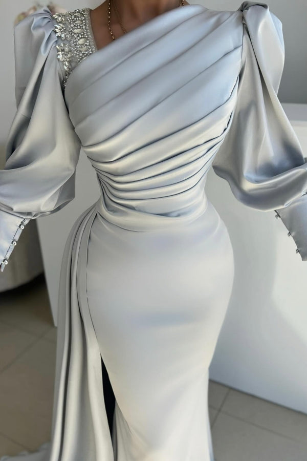 Glamorous Long Silver Mermaid Satin Pleated Long Sleeves Prom Dress with Side Slit