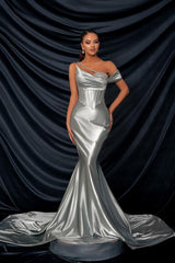 Glamorous Long Silver One Shoulder Sequined Sleeveless Mermaid Prom Dress