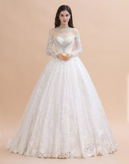 Glamorous Long Sleeve Beads White/Ivory Lace Appliques Wedding Dress-misshow.com