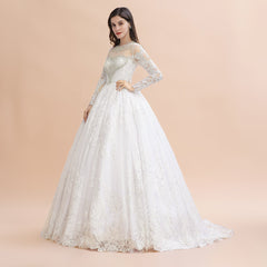 Glamorous Long Sleeve Beads White/Ivory Lace Appliques Wedding Dress-misshow.com