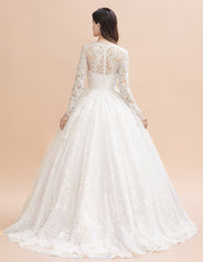 Glamorous Long Sleeve Beads White/Ivory Lace Appliques Wedding Dress-misshow.com