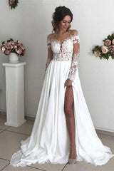 Glamorous Long Sleeve Lace Wedding Dresses | Chiffon Bridal Gowns With Slit-misshow.com