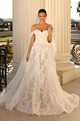 Glamorous Long White A-line Off-the-shoulder Lace Wedding Dress-misshow.com