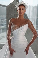 Glamorous Long White Long Sleeves Satin Crystal Wedding Dress With Detachable Train-misshow.com