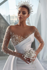 Glamorous Long White Long Sleeves Satin Crystal Wedding Dress With Detachable Train-misshow.com